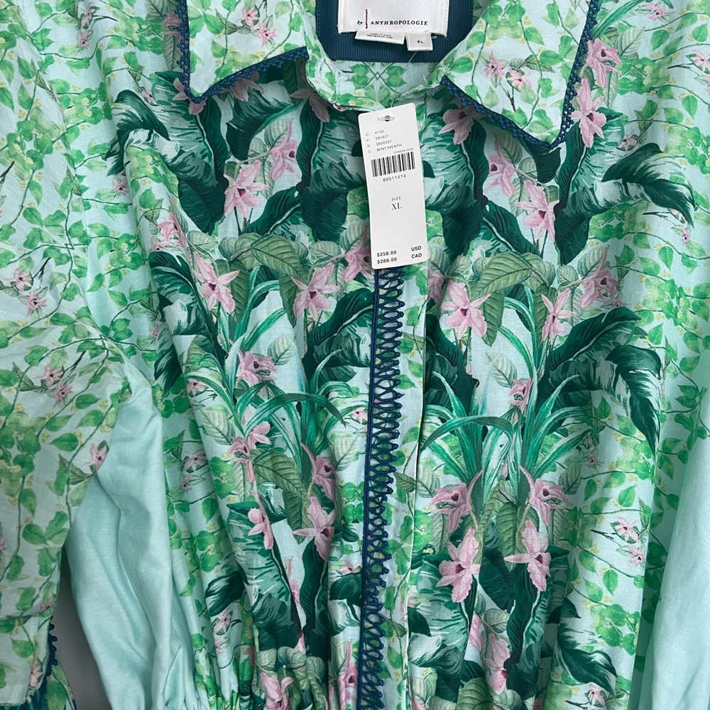 Anthropologie Green and Pink Floral Shirt Dress